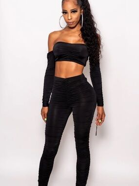 Ruched Off-Shoulder Crop Top & High-Waist Pants Set - Black
